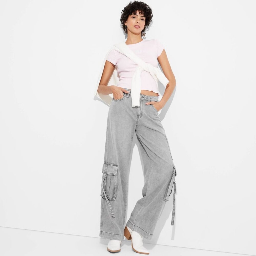 NEW Women's Mid-Rise Wide Leg Cargo Baggy Pants - Wild Fable™ Gray Wash